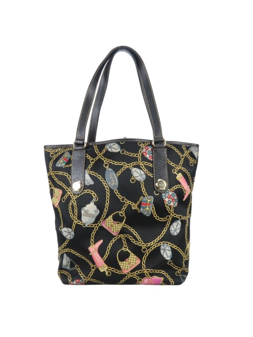 Gucci Tote Bag Satin Leather Black Multicolor